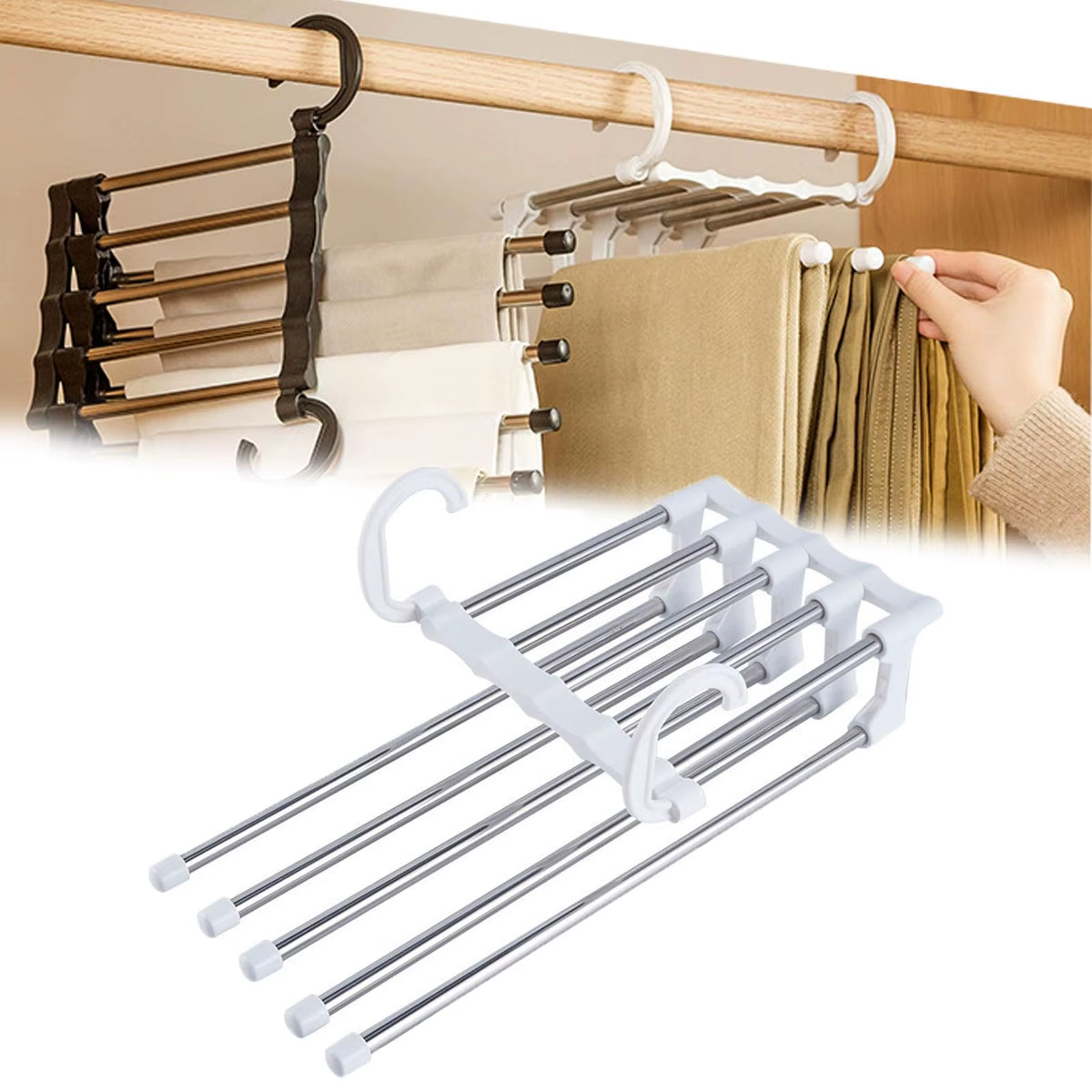 MaxiRack 5-in-1 Magic Trouser Rack – Stainless Steel Folding Pant & Tie Organizer for Closet & Wardrobe Storage