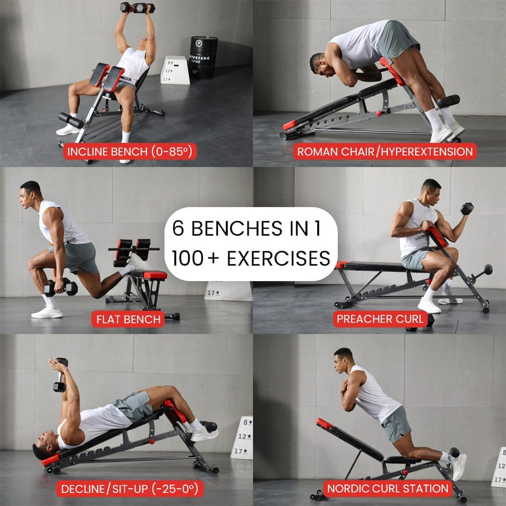 Multi-Functional FID Weight Bench for Full All-In-One Body Workout – Hyper Back Extension, Roman Chair, Adjustable Ab Sit up Bench, Incline Decline Bench, Flat Bench